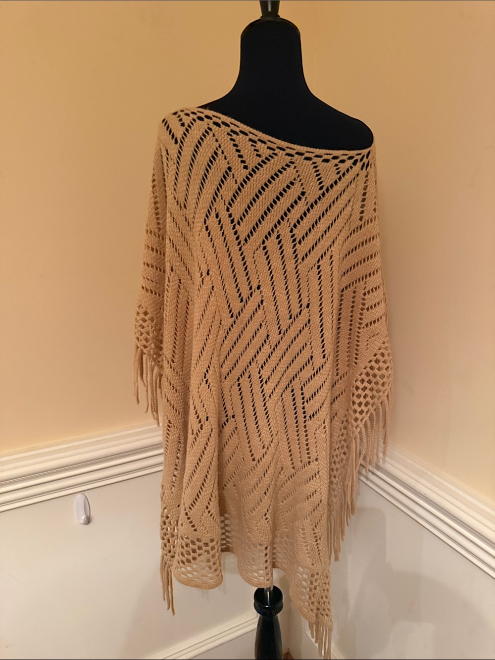 Fringed Open-Knit‎ Poncho Sweater in Tan One Size